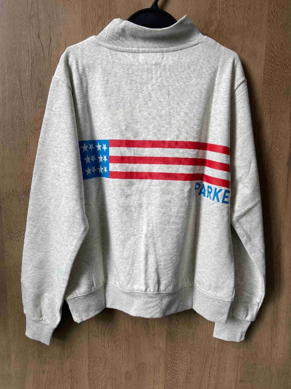PARKE Gray Mock Neck Pullover Sweatshirt Bold Back Graphic Logo